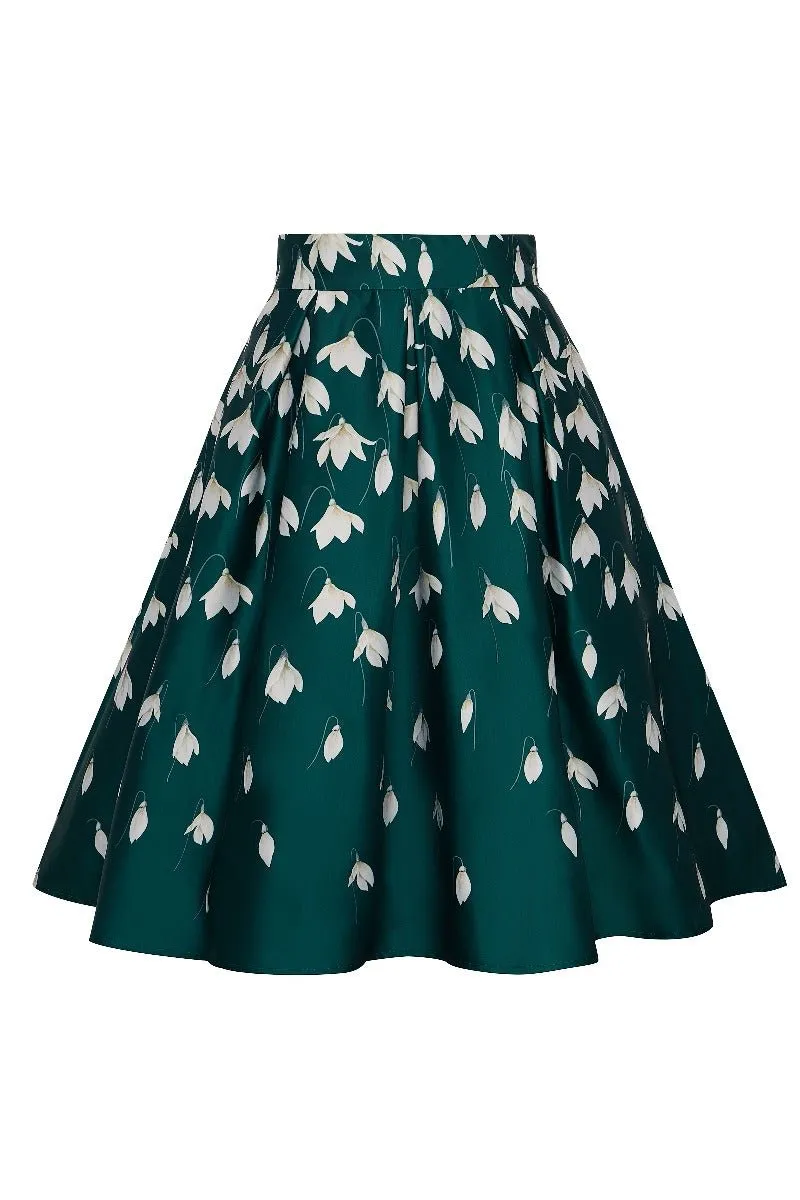 Carolyn Box Pleated Skirt In Green & White Snowdrops