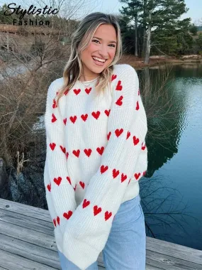 Casual Cozy Heart Print Loose O-neck Long Sleeve Comfortable Stylish Warm Sweater