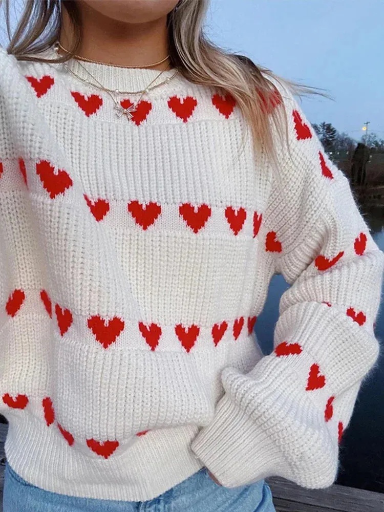 Casual Cozy Heart Print Loose O-neck Long Sleeve Comfortable Stylish Warm Sweater