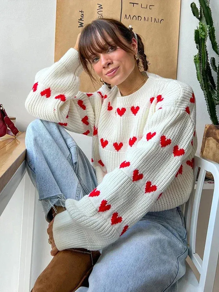 Casual Cozy Heart Print Loose O-neck Long Sleeve Comfortable Stylish Warm Sweater