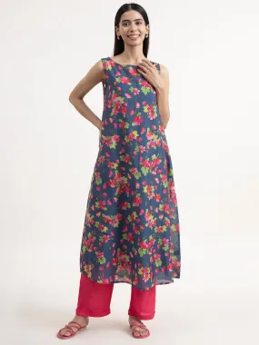 Chanderi Floral Kurta Set - Grey and Pink