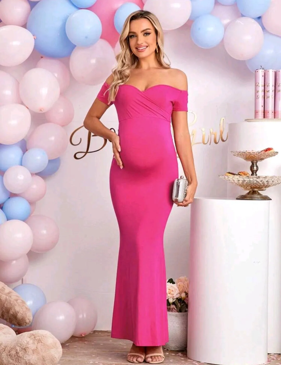 Cherise Pink Off Shoulder Mermaid Hem Dress