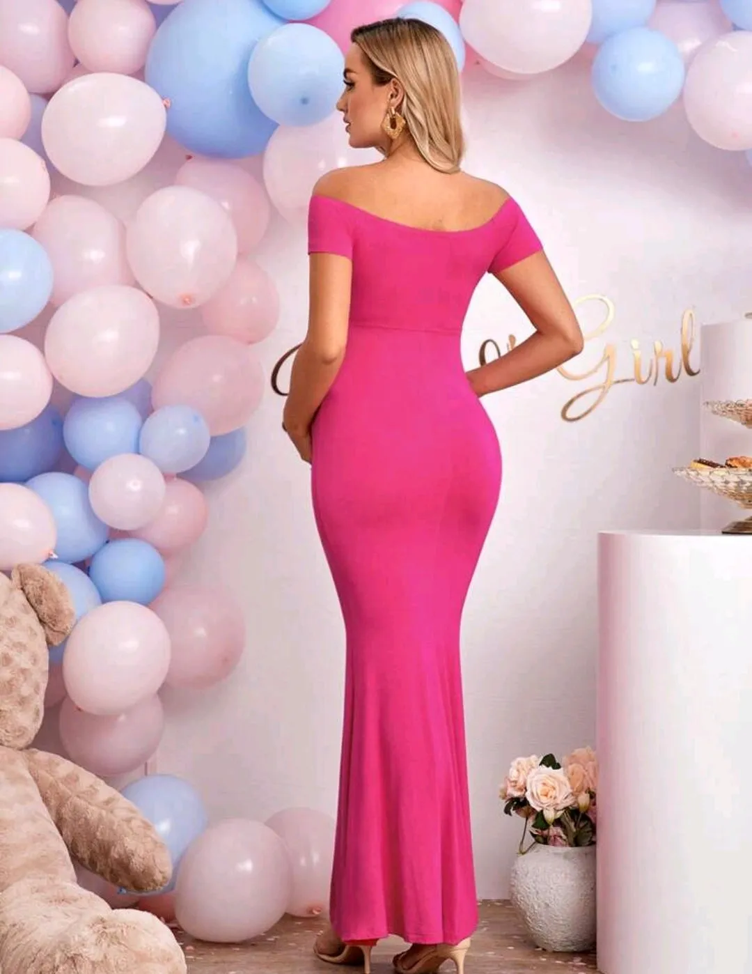 Cherise Pink Off Shoulder Mermaid Hem Dress