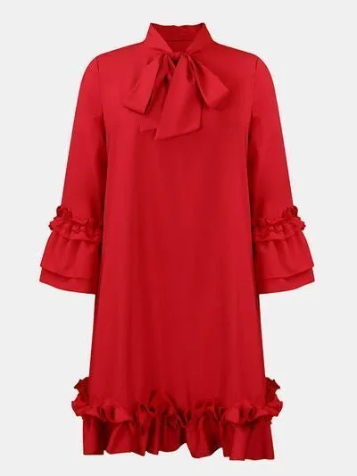 Chic Tie Neck Frill Dress with Three-Quarter Sleeves