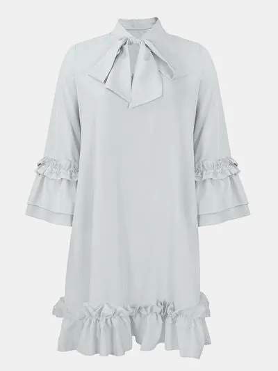 Chic Tie Neck Frill Dress with Three-Quarter Sleeves