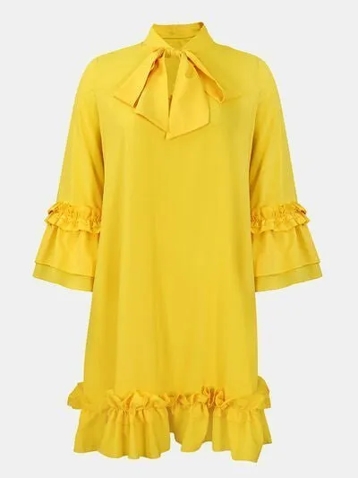 Chic Tie Neck Frill Dress with Three-Quarter Sleeves