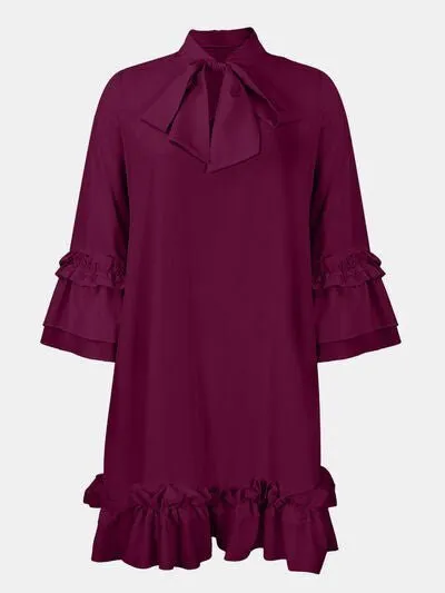 Chic Tie Neck Frill Dress with Three-Quarter Sleeves