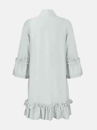 Chic Tie Neck Frill Dress with Three-Quarter Sleeves