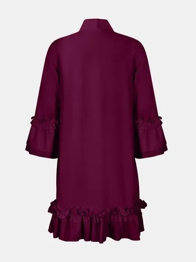 Chic Tie Neck Frill Dress with Three-Quarter Sleeves