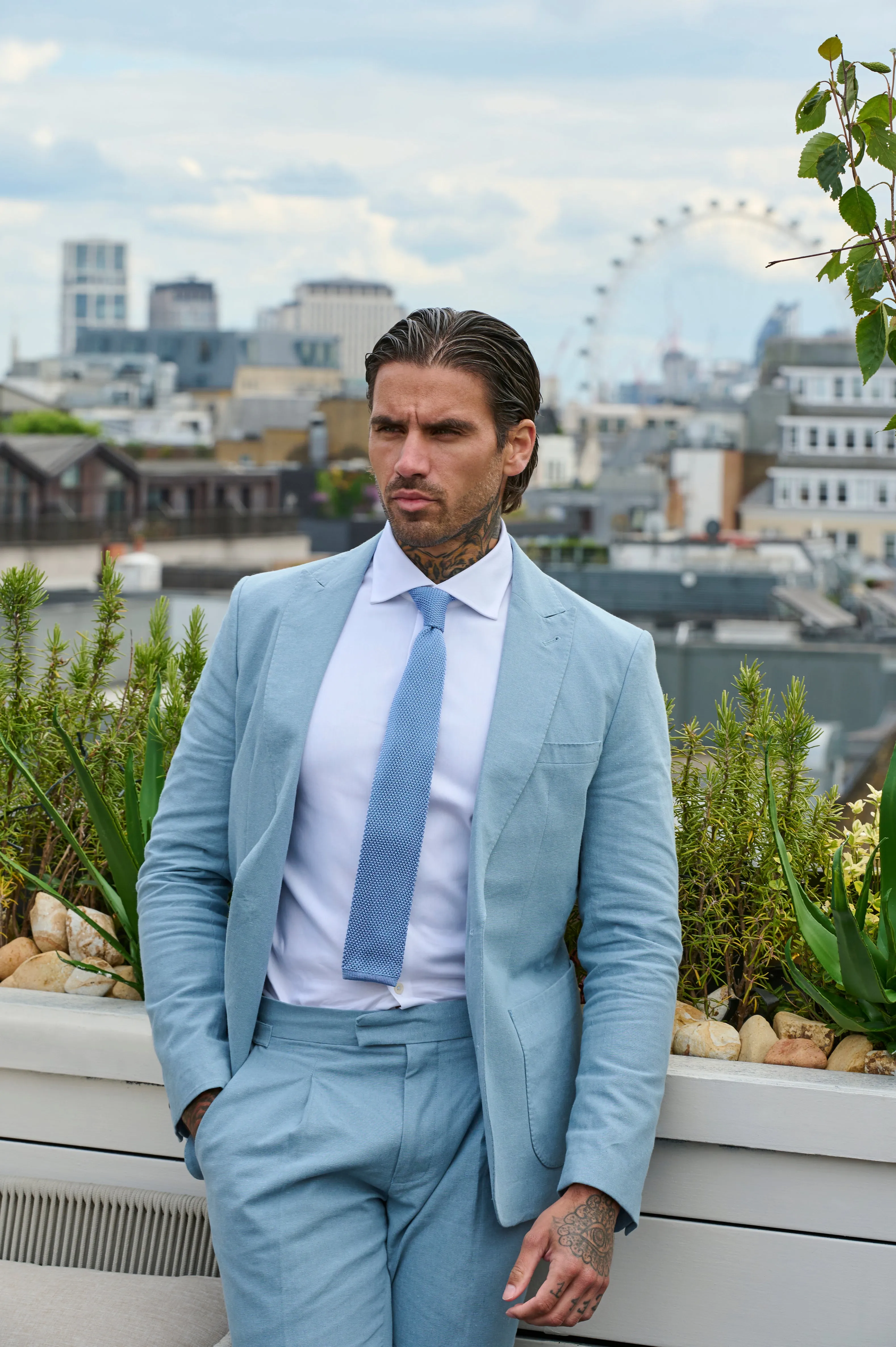 Chris Slim Fit Linen Cotton Blend Suit Smart Trousers in Pastel Blue