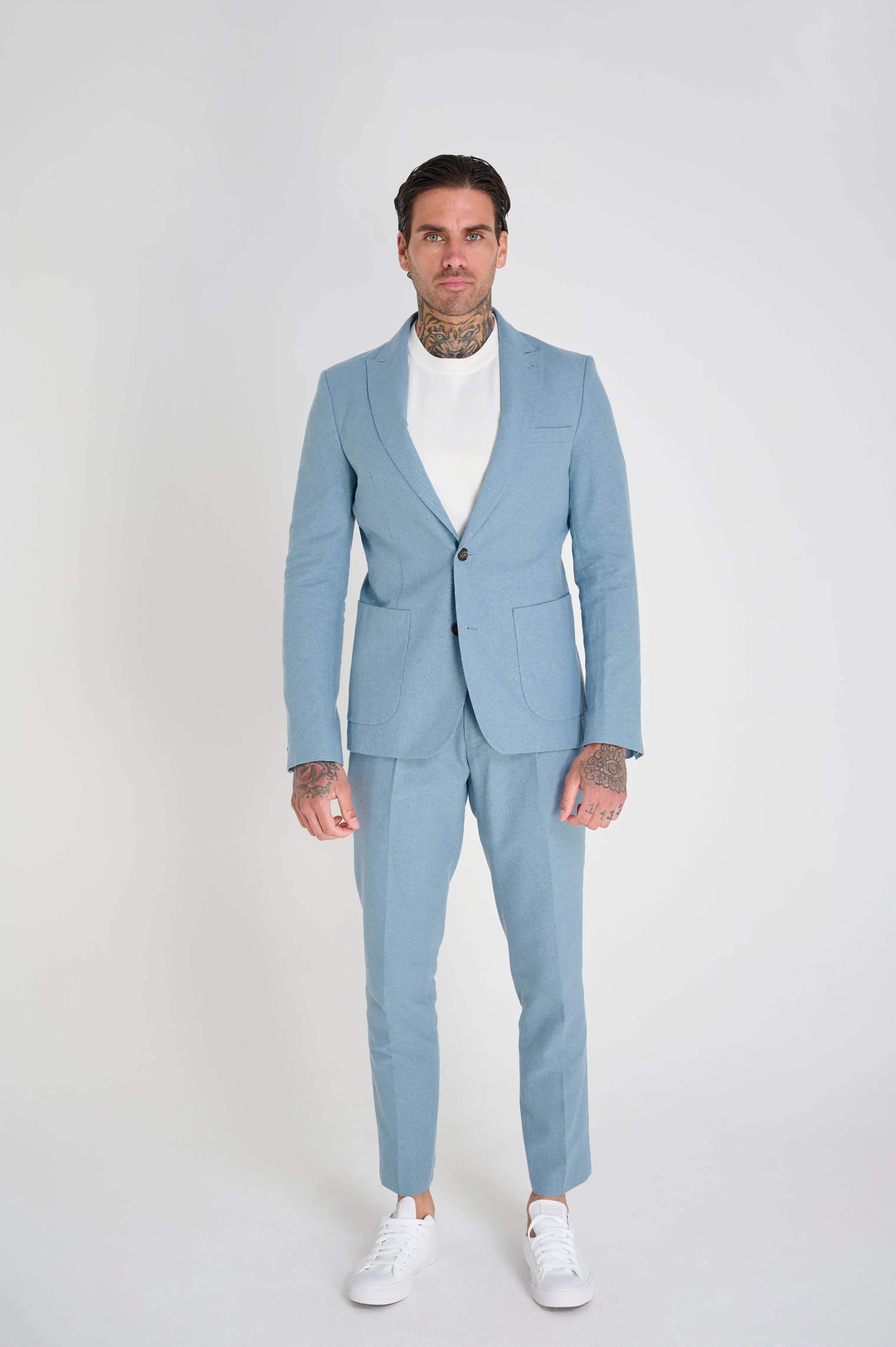 Chris Slim Fit Linen Cotton Blend Suit Smart Trousers in Pastel Blue