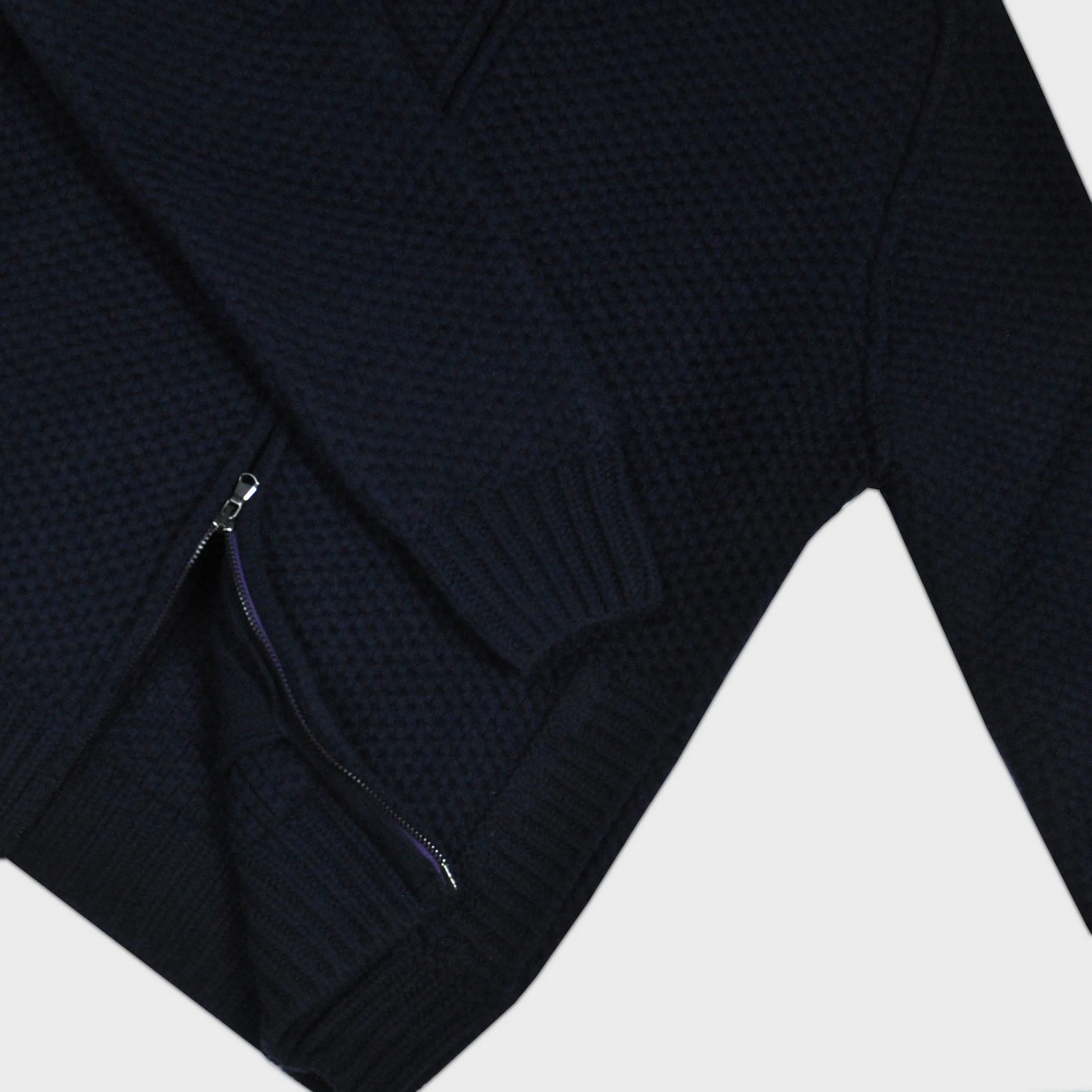 Chunky Merino Wool Zip Cardigan with Ribbed Collar in Dark Navy