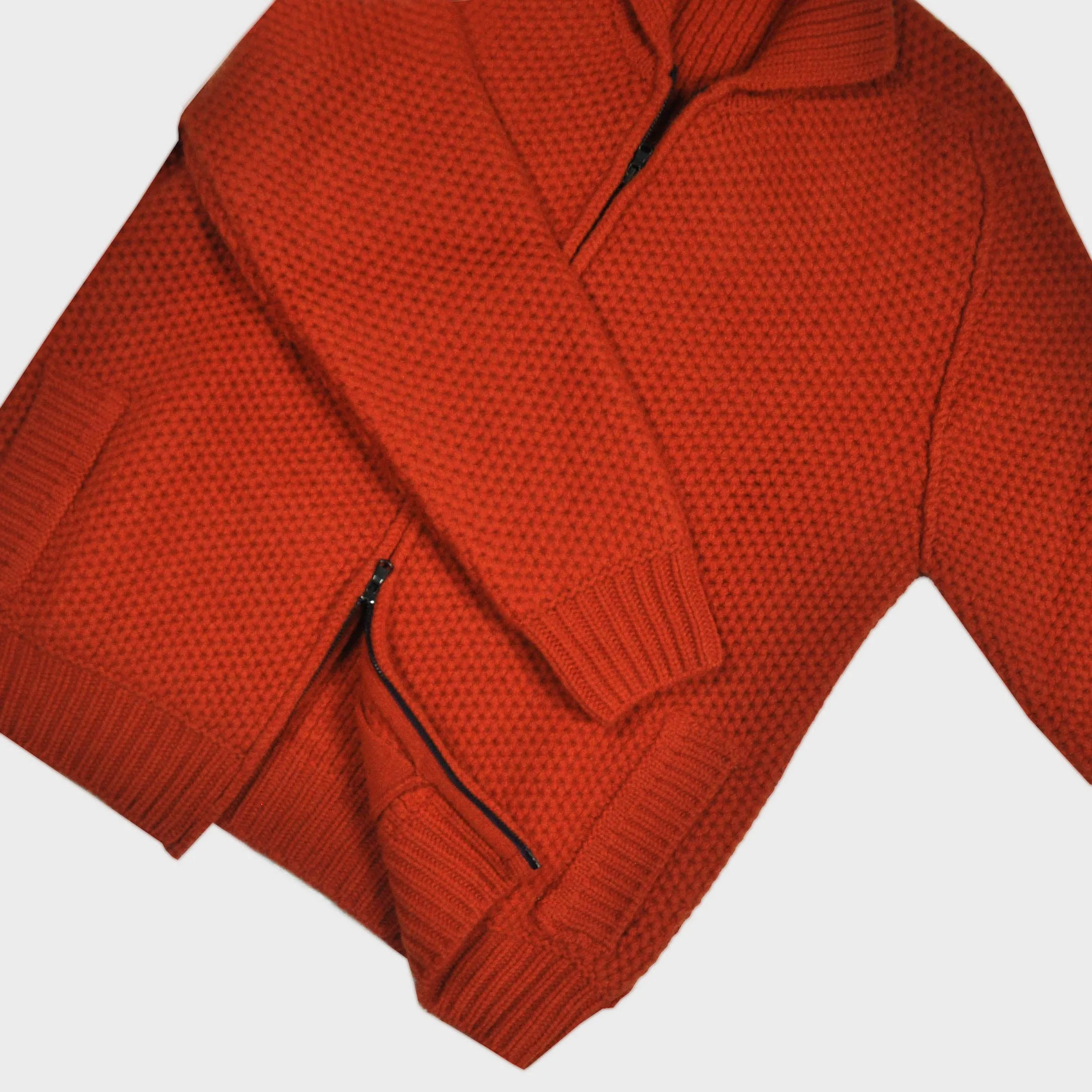 Chunky Merino Wool Zip Cardigan with Ribbed Collar in Red