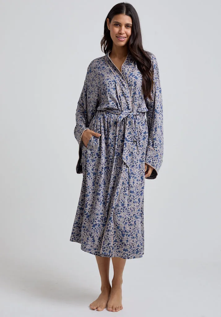 Corina Kimono Style Aster Print Robe In Blue