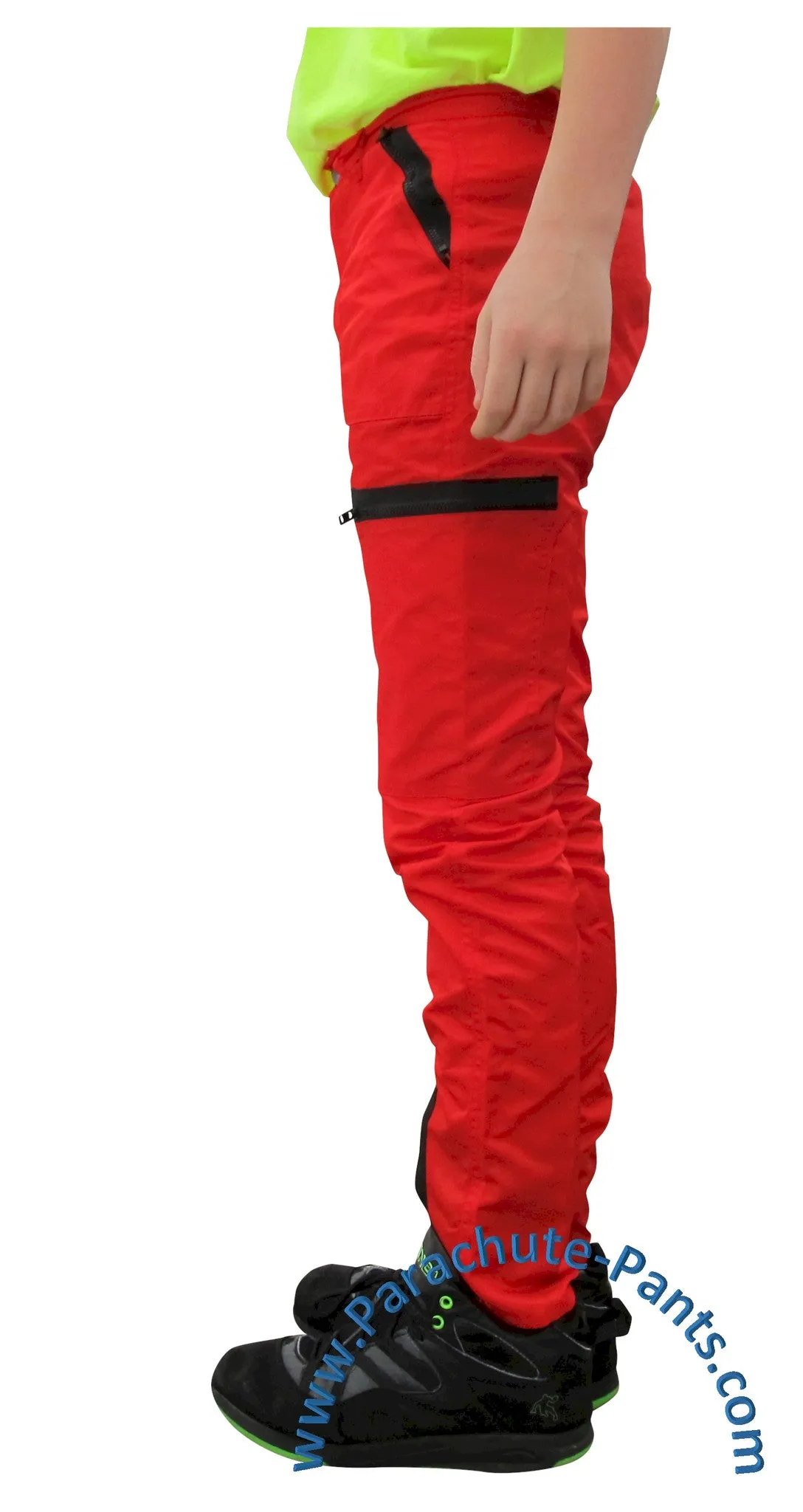 Countdown Red Classic Childrens Nylon Parachute Pants with Black Zippers