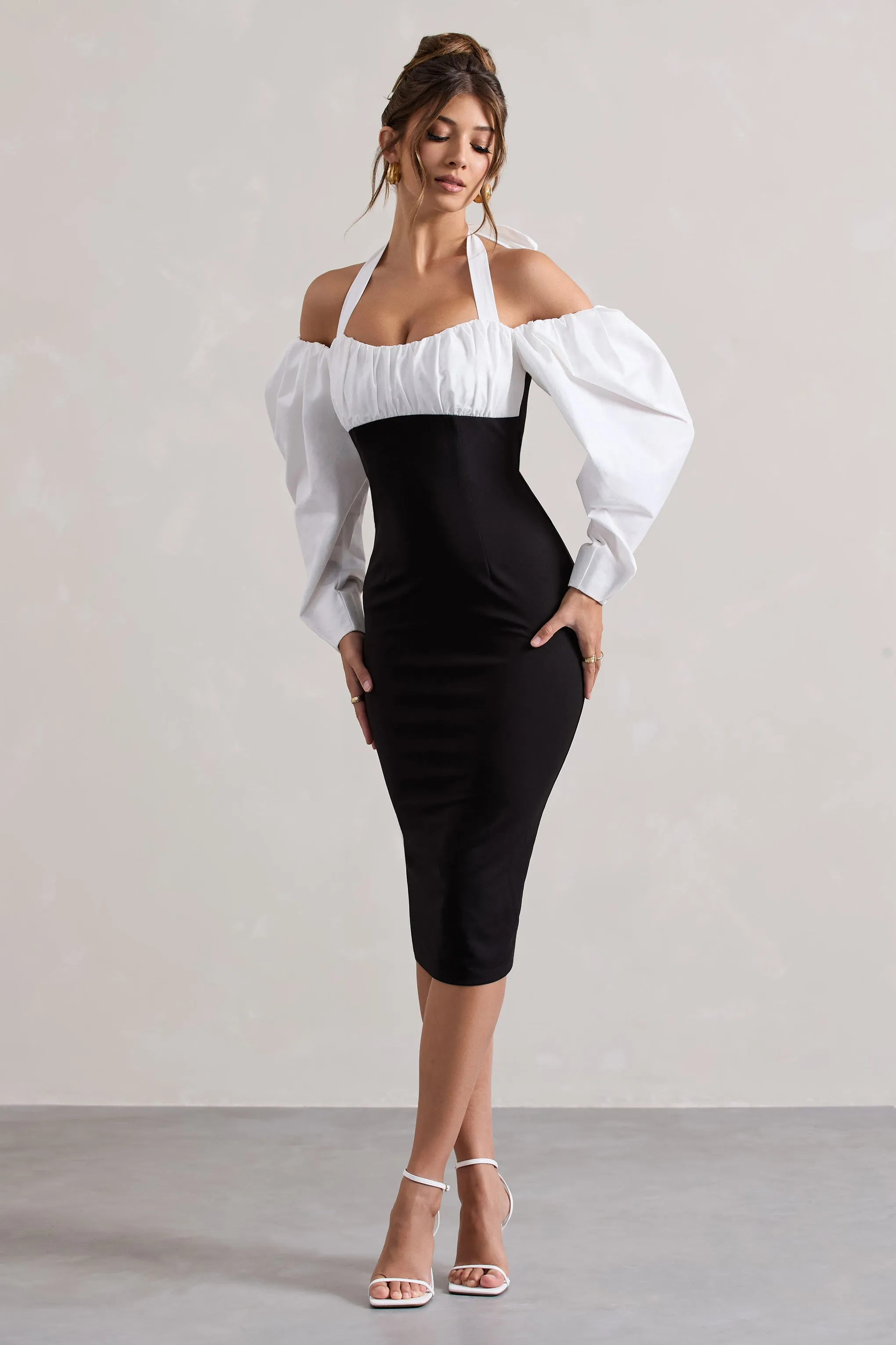 Couture Client | Black Halter-Neck Puff Sleeve Midi Dress