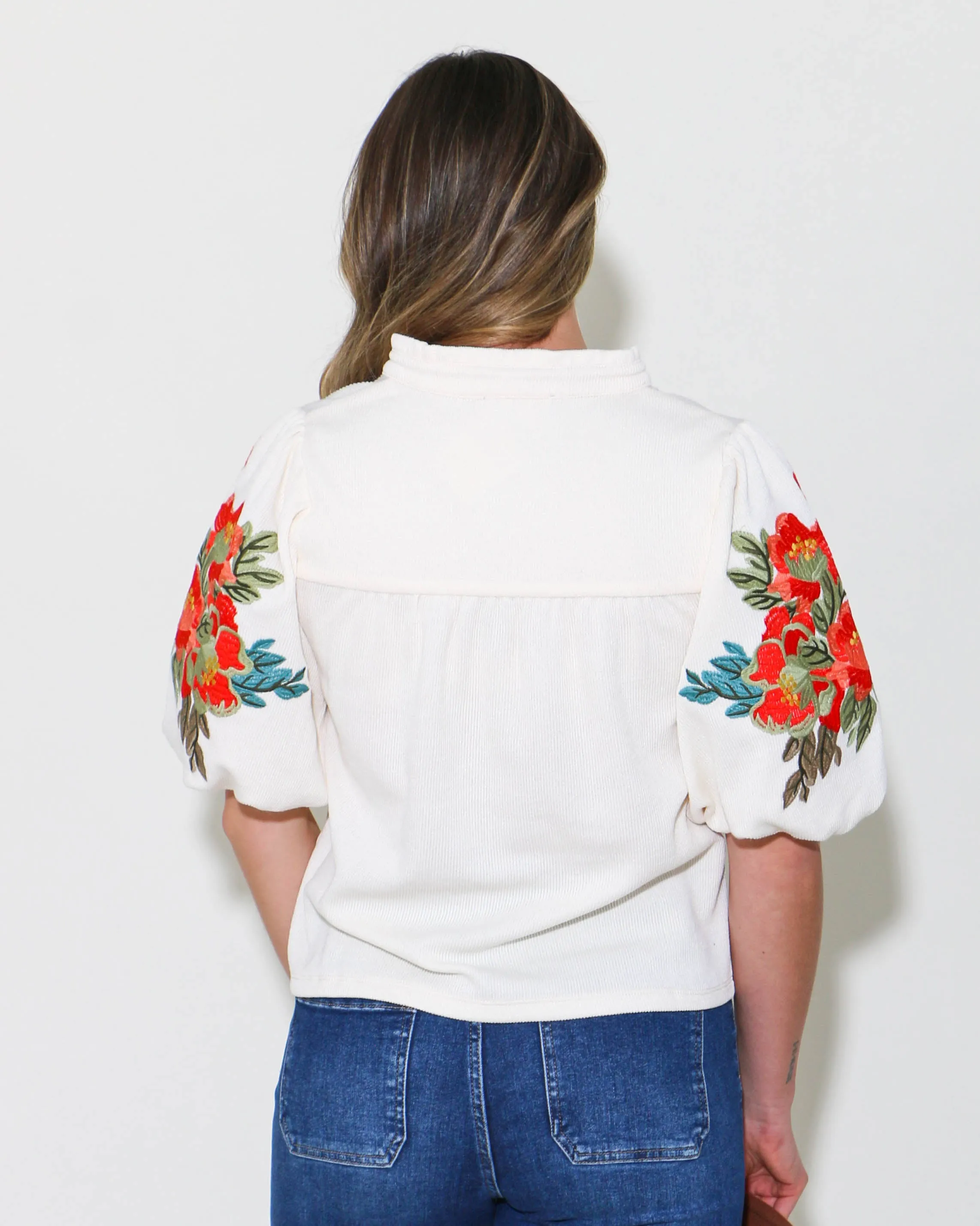 Cream Embroidered Puff Sleeve Top