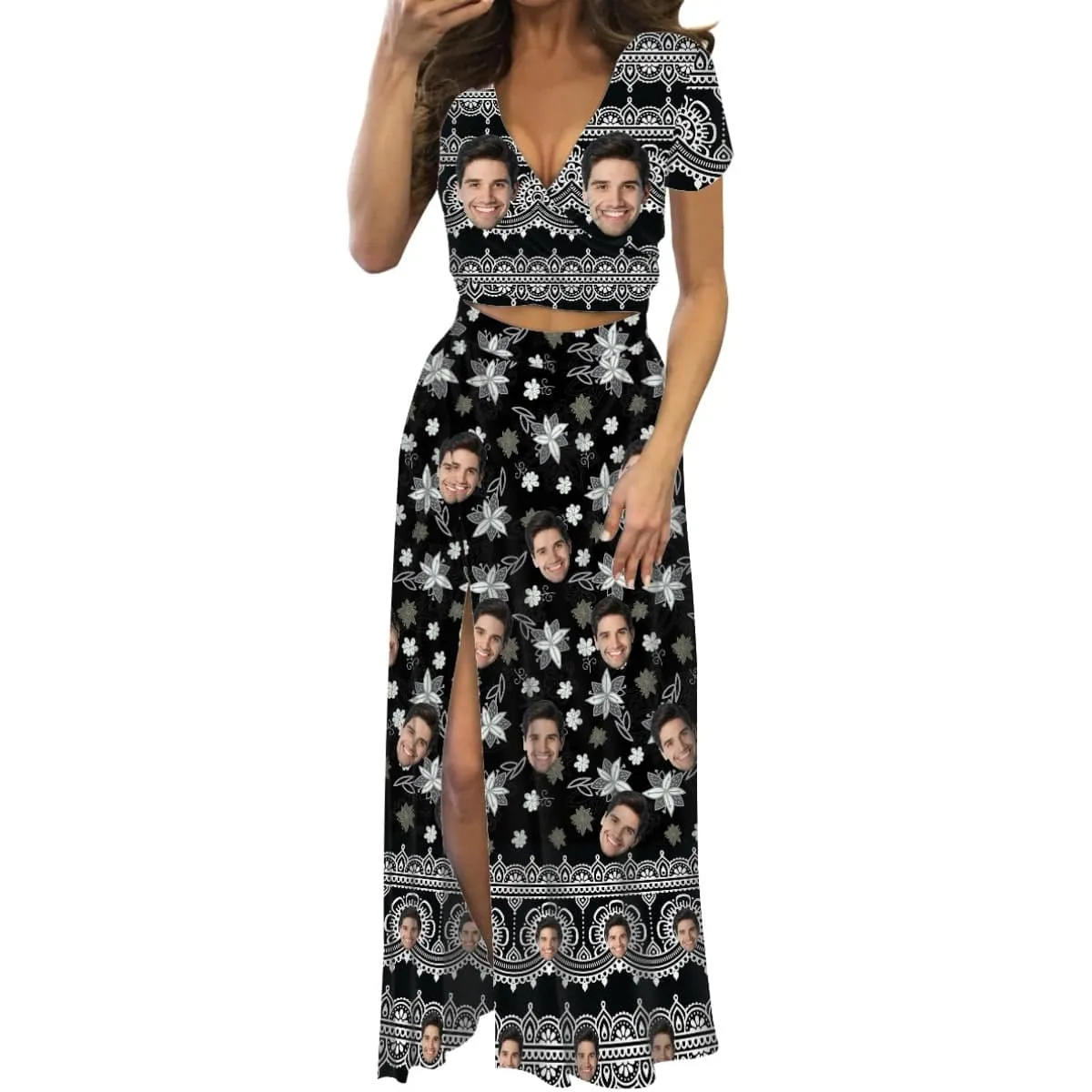 Custom Face Black Tribal Style Beach Outfits Dress Personalized Women's V-neck Split Maxi Dresses Skirt Set