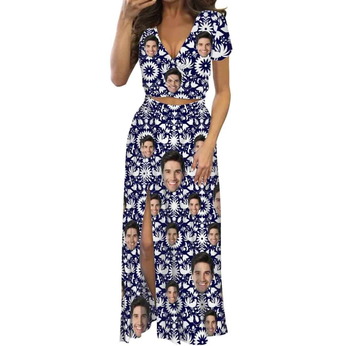 Custom Face Circles Print Beach Outfits Dress Personalized Women's V-neck Split Maxi Dresses Skirt Set