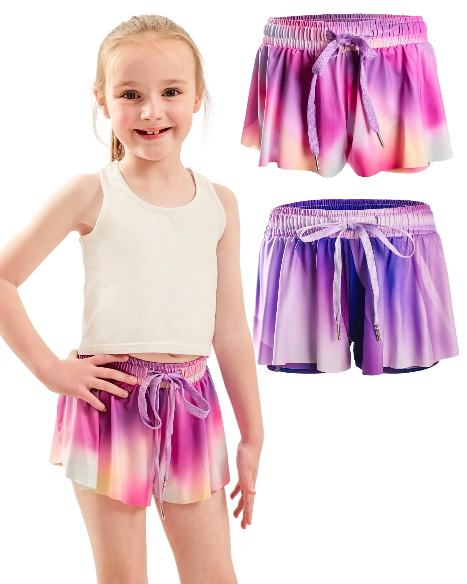 Dancina Girls Ombre Butterfly Shorts 2pack - Flowy Athletic 2-in-1 Skorts with Inner Pockets and Liner for Kids Ages 2-16