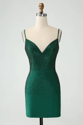 Dark Green Bodycon Spagehtti Straps Backless Mini Dress with Beading