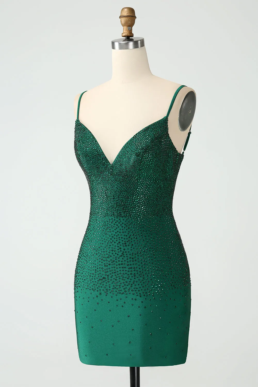 Dark Green Bodycon Spagehtti Straps Backless Mini Dress with Beading