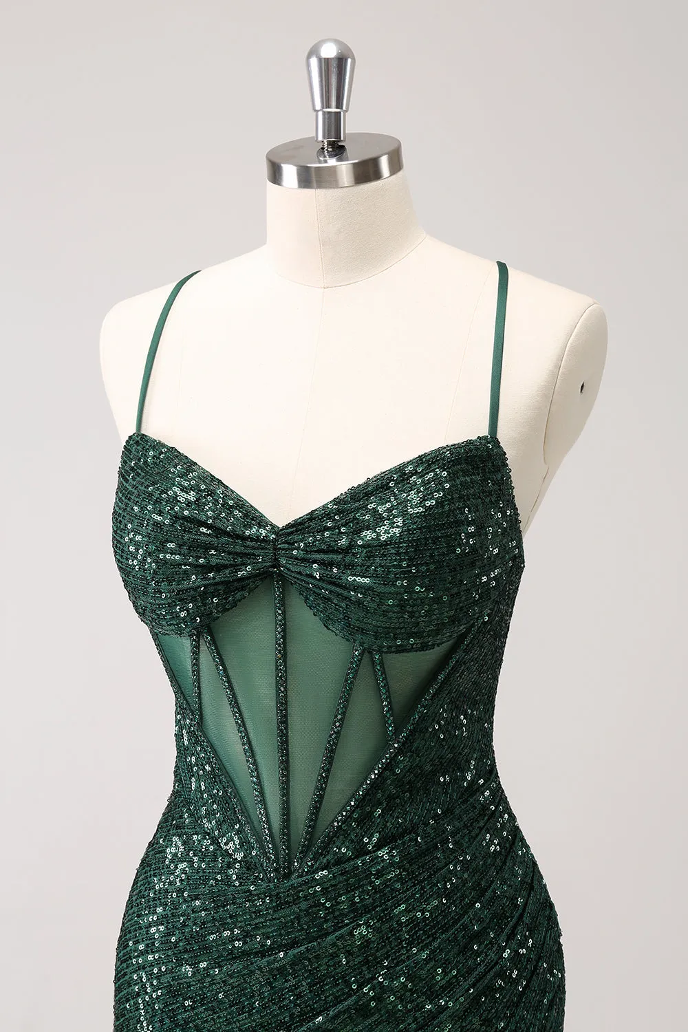 Dark Green Bodycon Spaghetti Straps Corset Mini Dress with Sequins