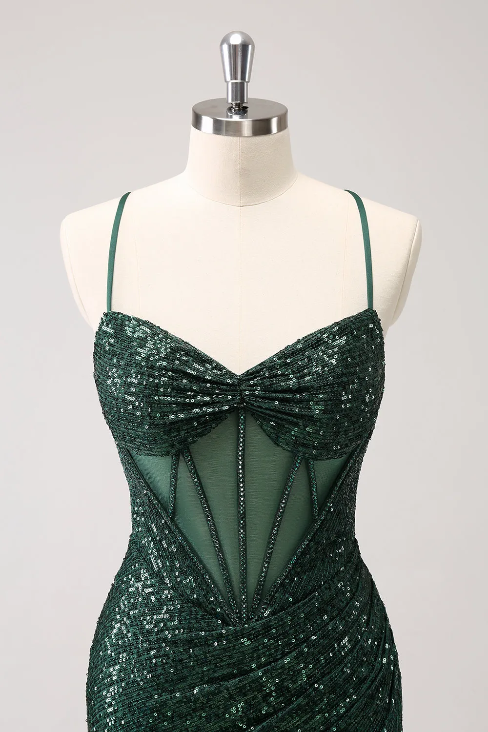 Dark Green Bodycon Spaghetti Straps Corset Mini Dress with Sequins