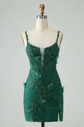 Dark Green Bodycon Spaghetti Straps Mini Dress with Appliques