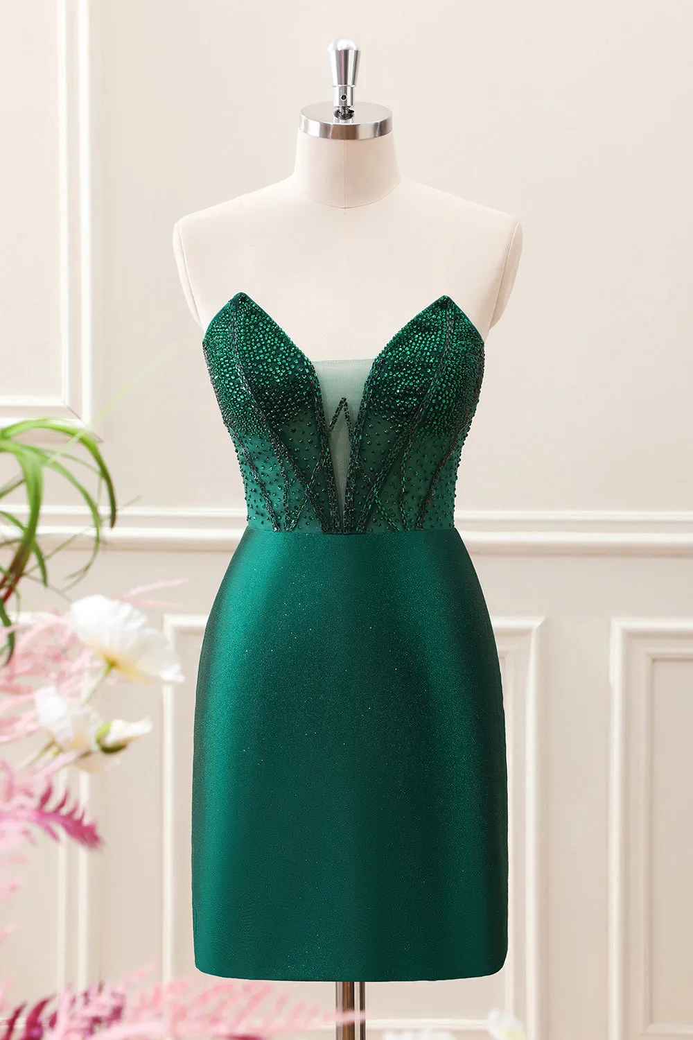 Dark Green Bodycon Strapless Corset Mini Dress