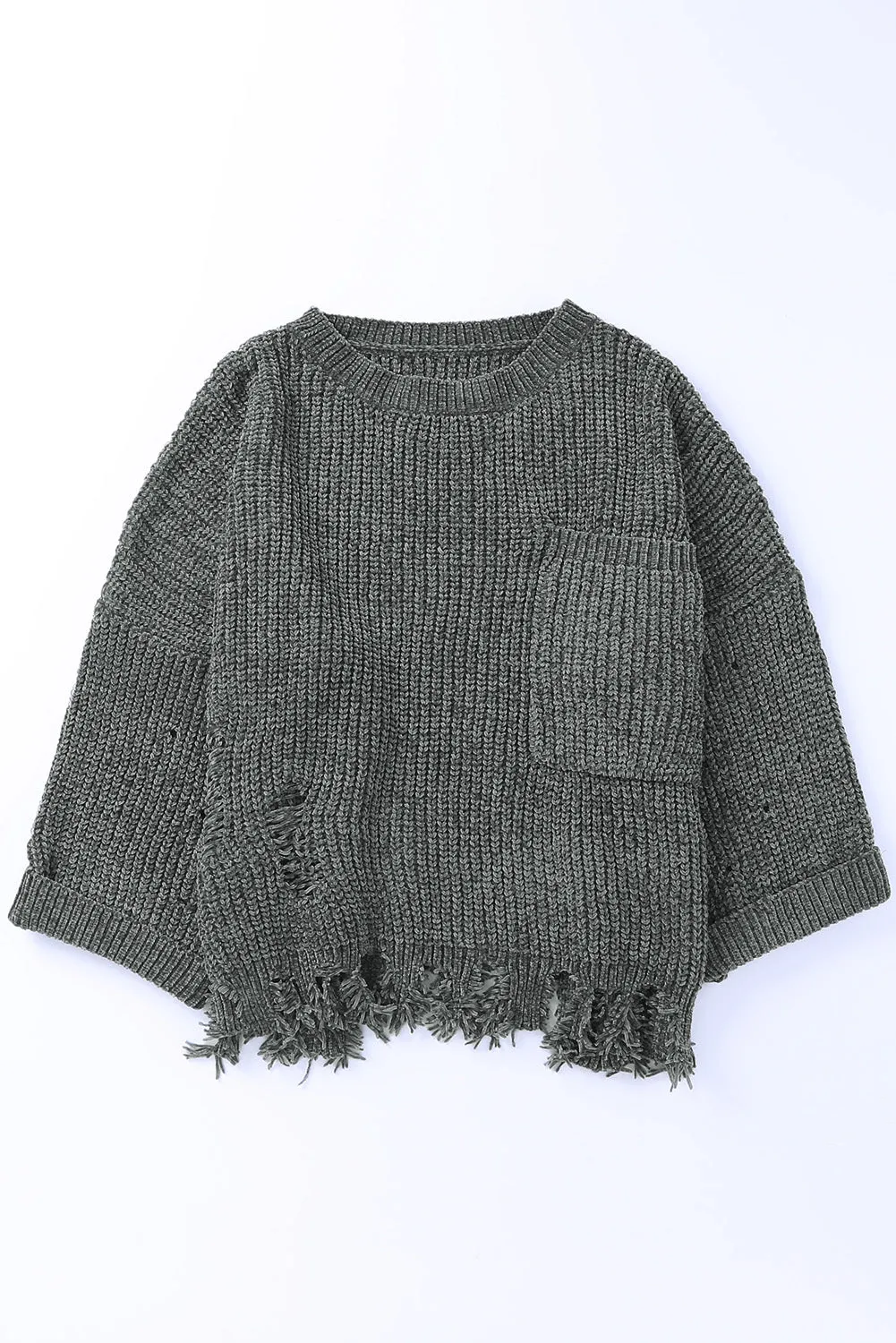 Distressed Round Neck Drop Shoulder Sweater | Oversized Sweaters | Cozy Weather