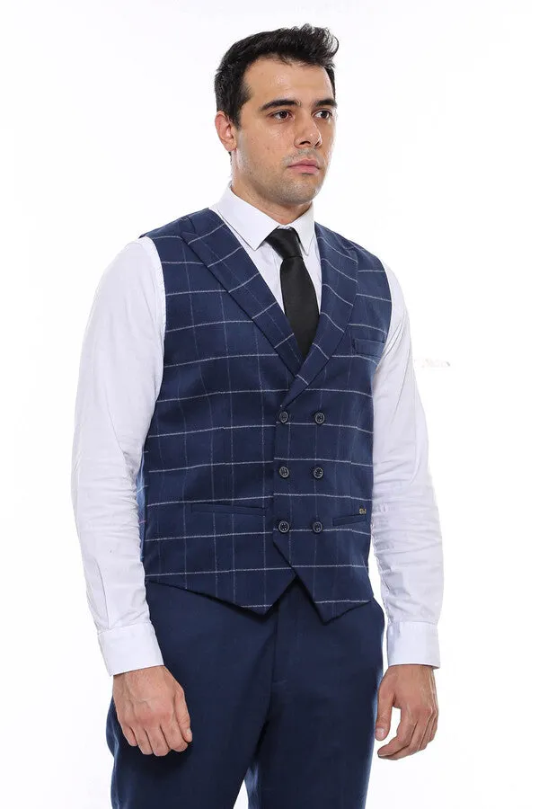 Double Breasted Plaid Blue Men Vest - Wessi