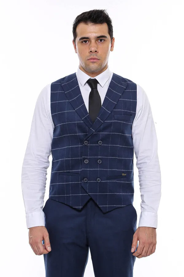 Double Breasted Plaid Blue Men Vest - Wessi