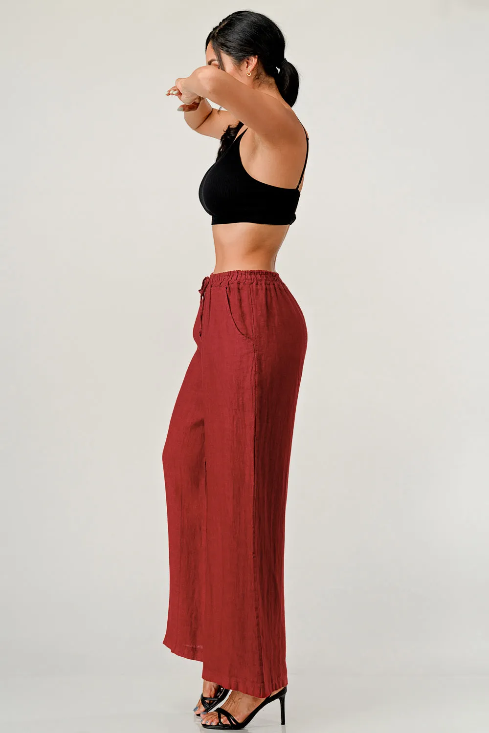 Elastic Waist Linen Pants w Pockets