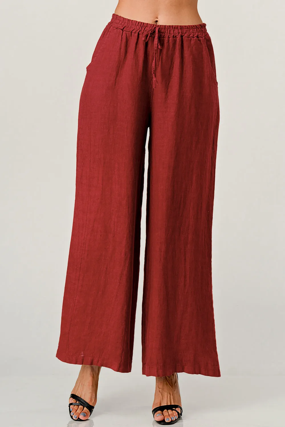 Elastic Waist Linen Pants w Pockets