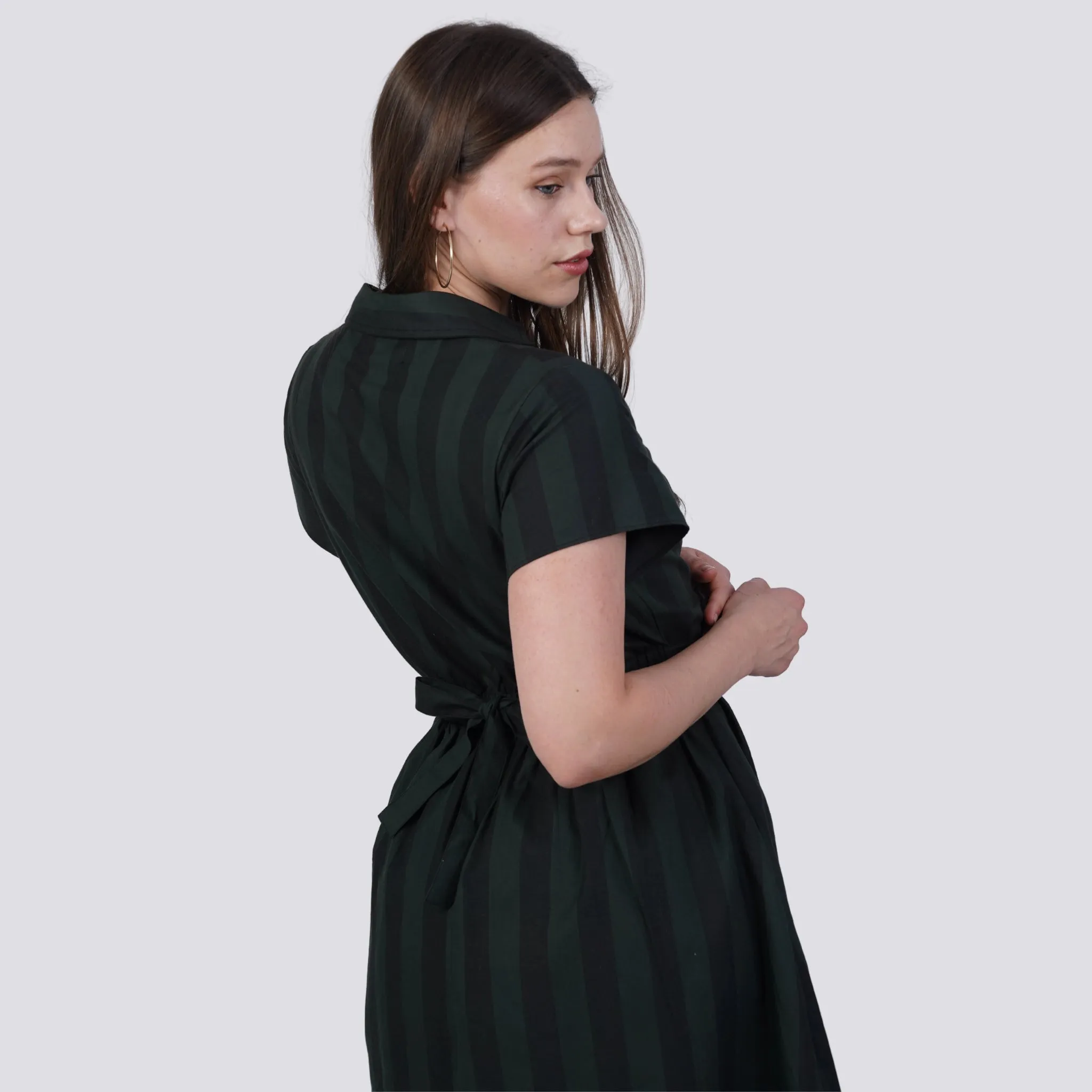 Elevate Your Style Sustainably: Green & Black Striped Elegance Shirt Dress