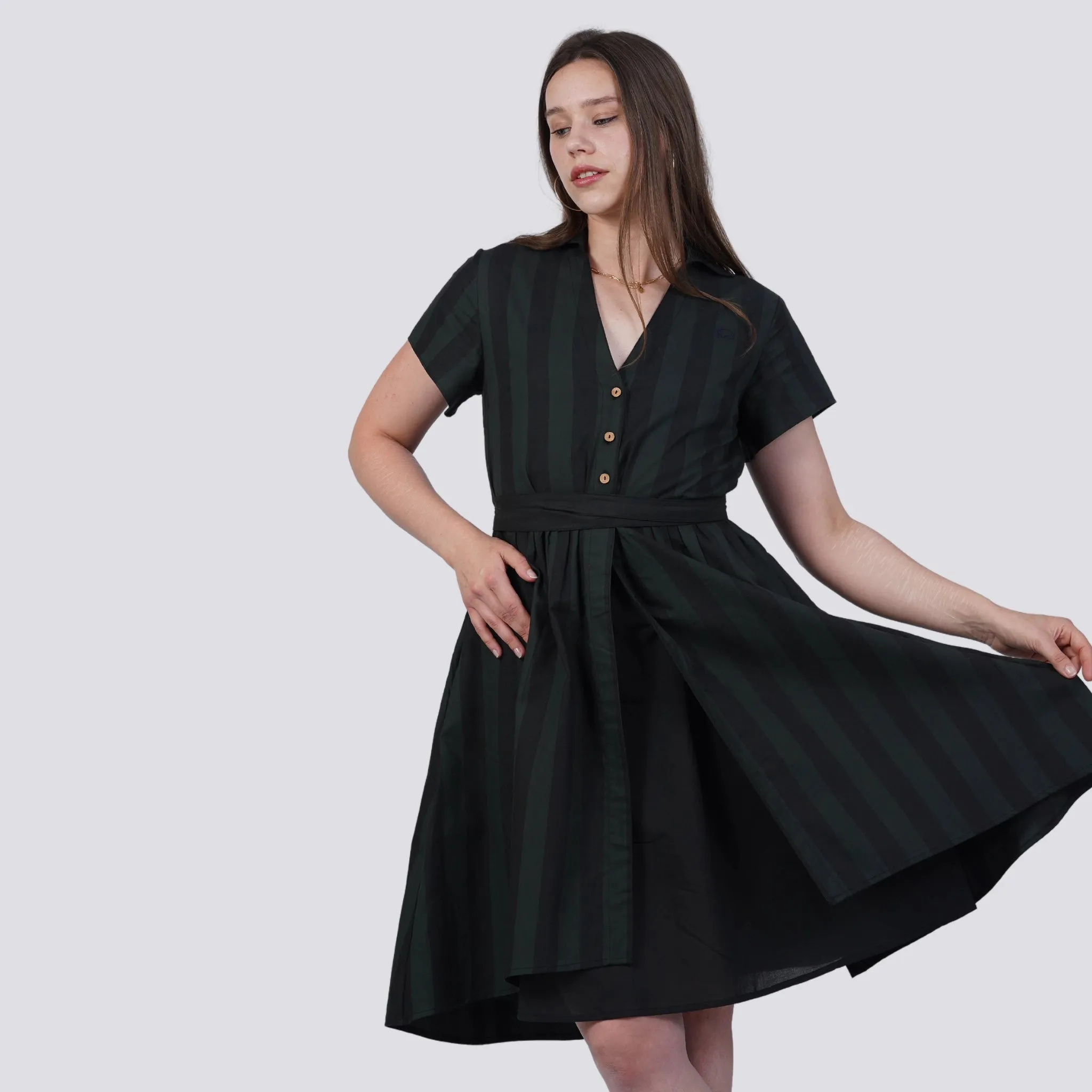 Elevate Your Style Sustainably: Green & Black Striped Elegance Shirt Dress