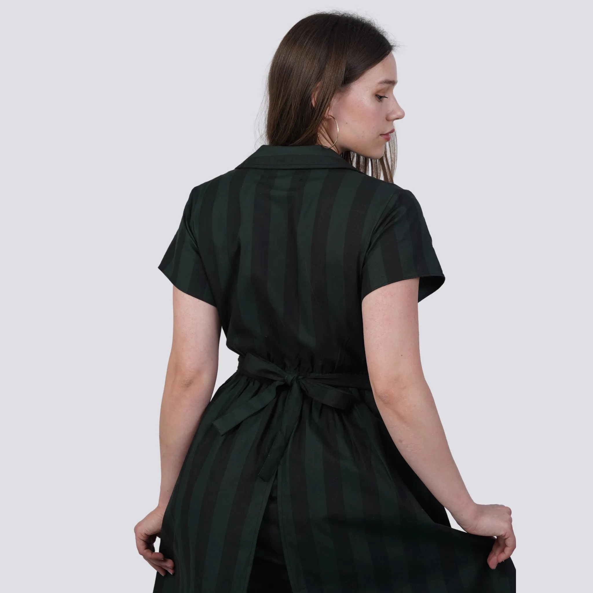 Elevate Your Style Sustainably: Green & Black Striped Elegance Shirt Dress