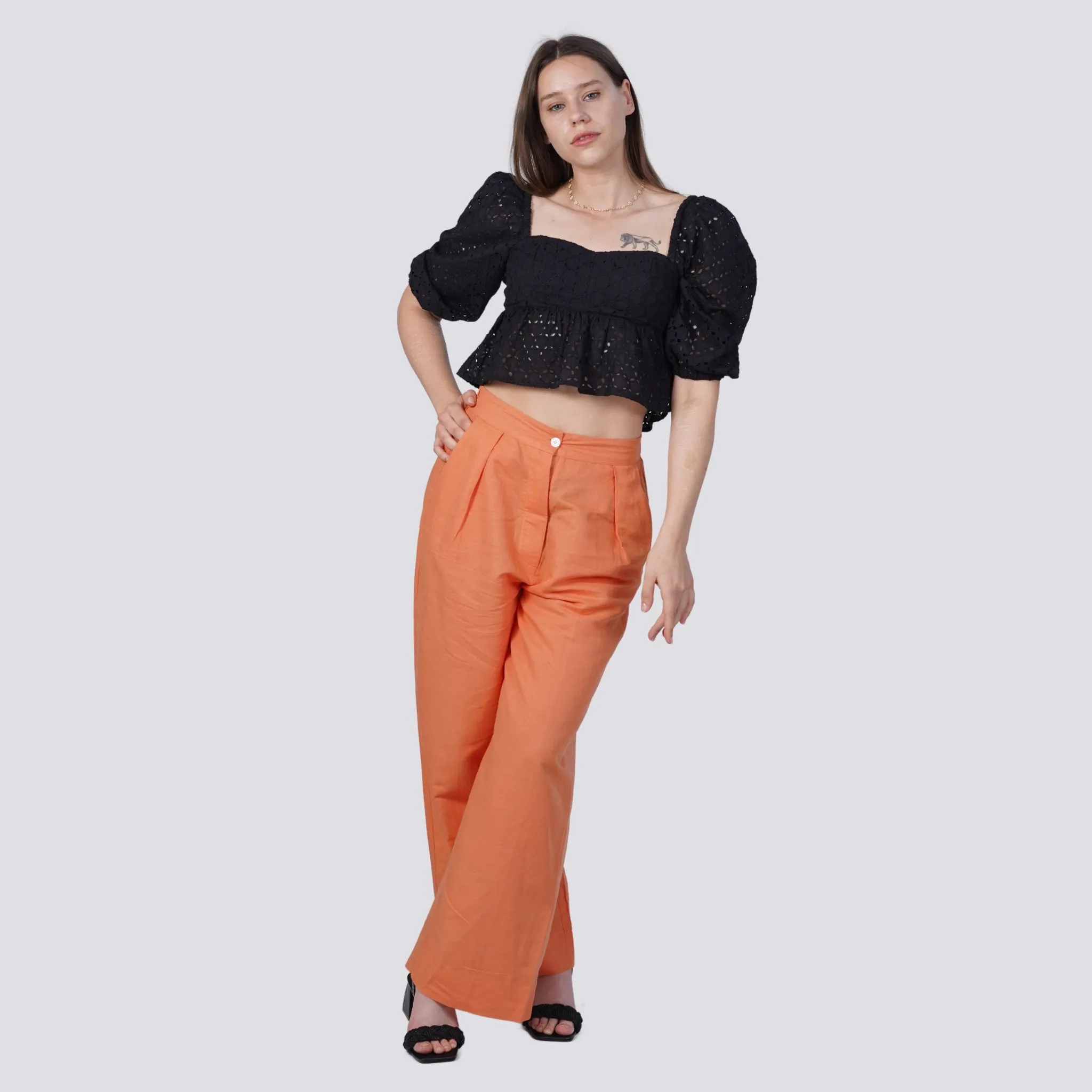 Embolden Your Look with Sustainable Luxury: Deep Saffron Wide Leg Linen Trousers