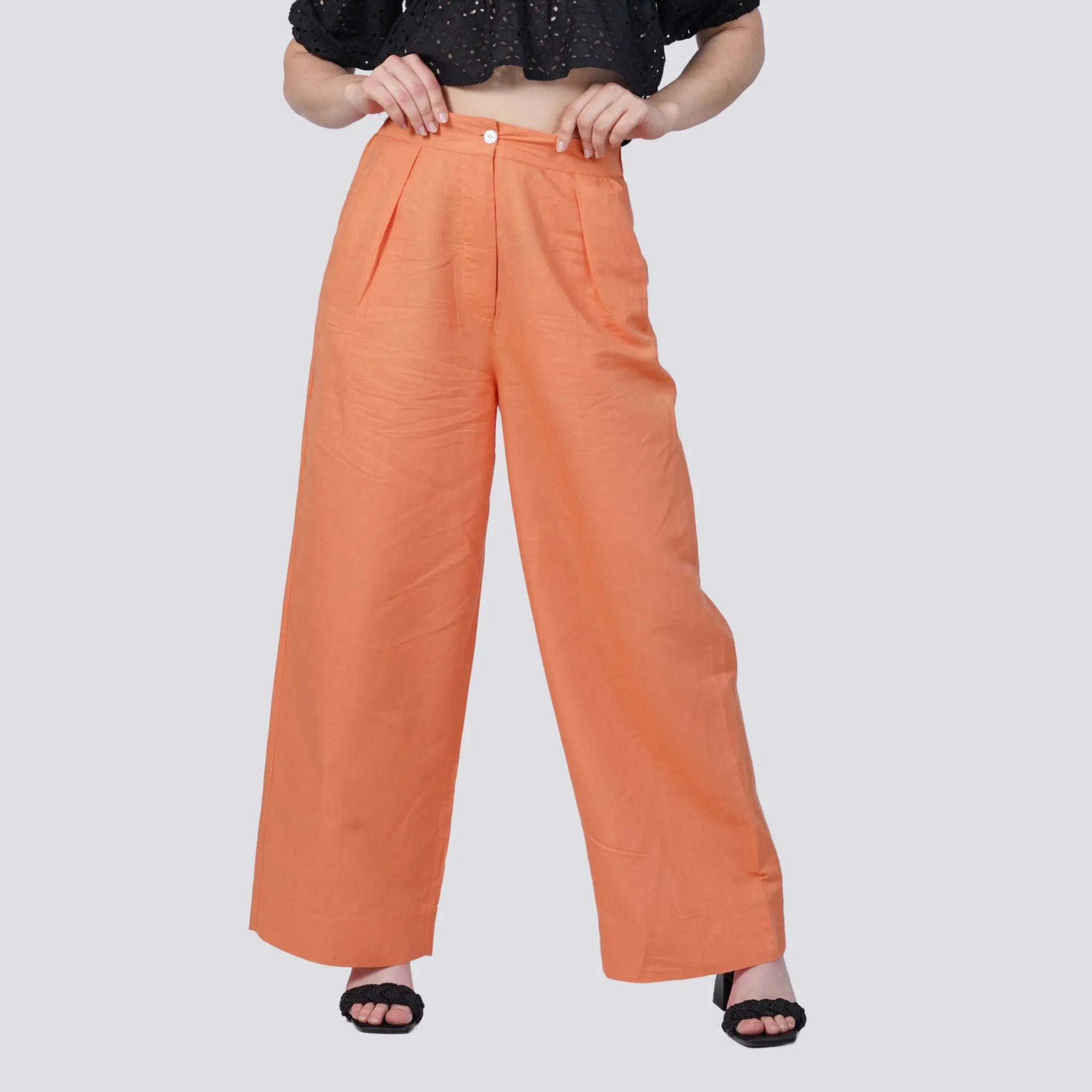 Embolden Your Look with Sustainable Luxury: Deep Saffron Wide Leg Linen Trousers