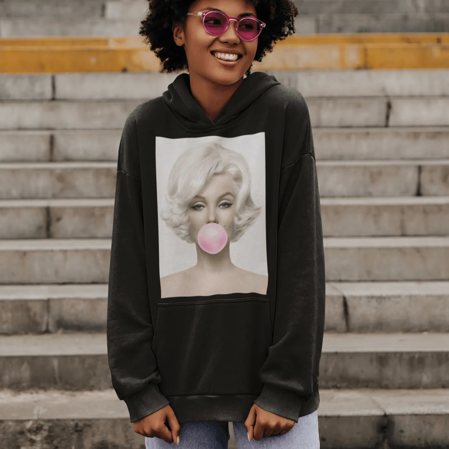 Famous Pin Up Girl Hoodie Pink Bubblegum Portrait Blended Cotton Midweight Pullover