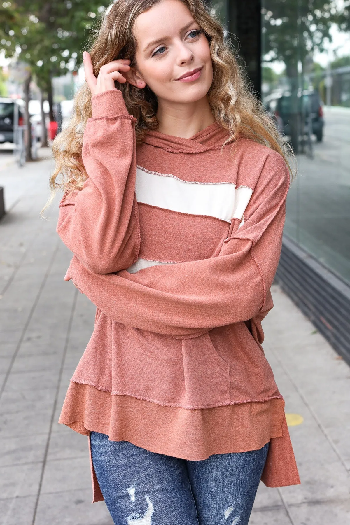 Feeling Playful Rust Stripe Color Block French Terry Hoodie