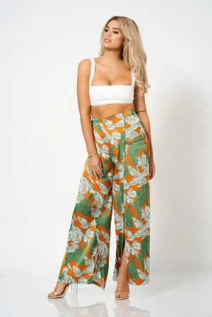 Floral Printed Wide Leg Split Trousers