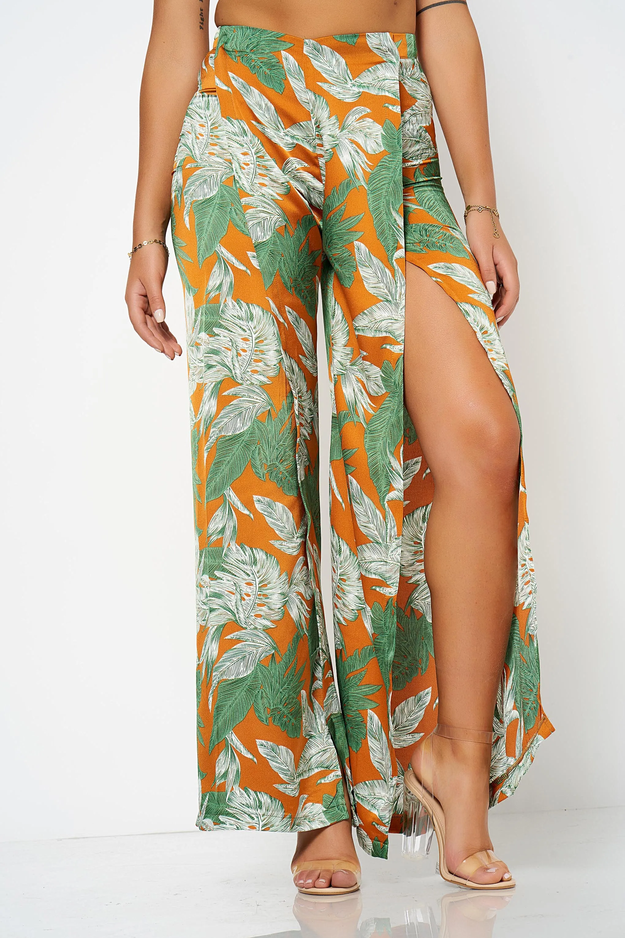 Floral Printed Wide Leg Split Trousers