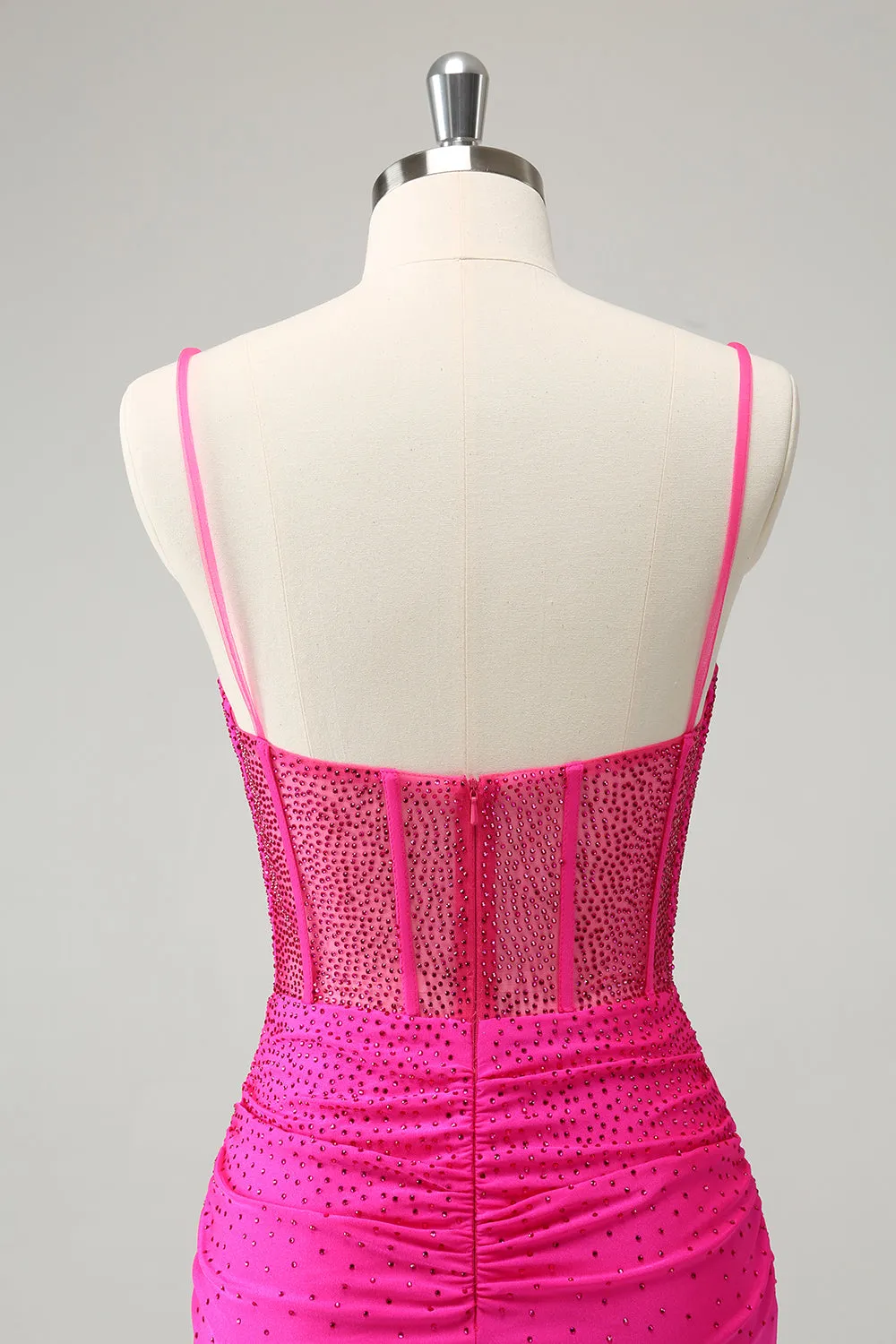 Fuchsia Bodycon Spaghetti Straps Ruched Mini Dress with Beading