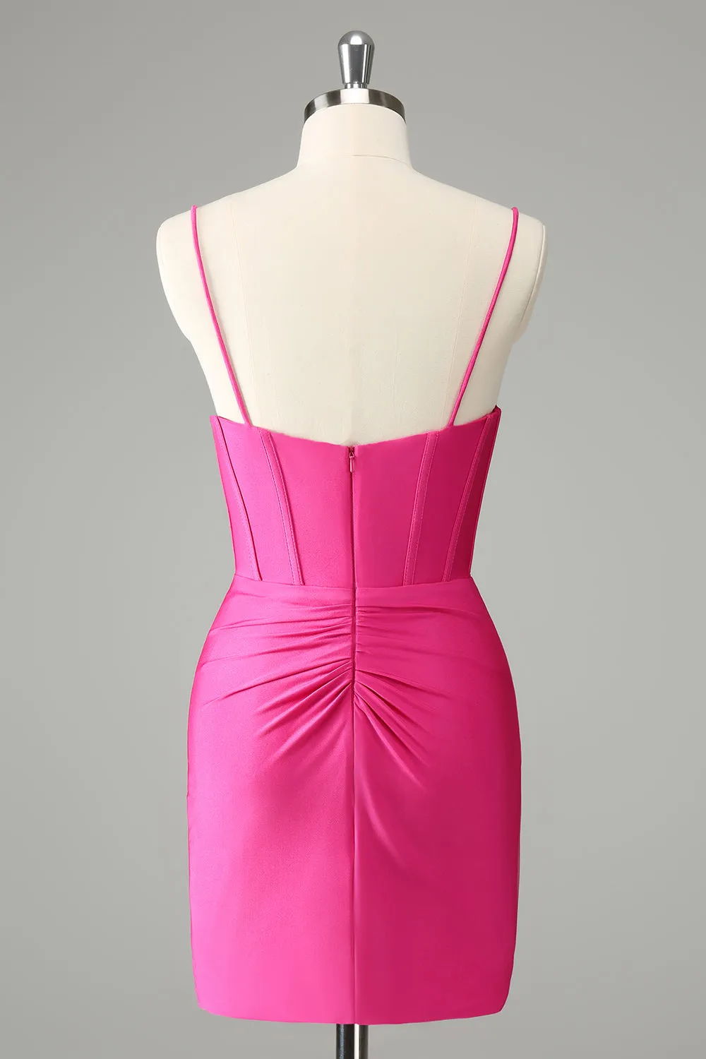 Fuchsia Bodycon Spaghetti Straps Satin Mini Dress