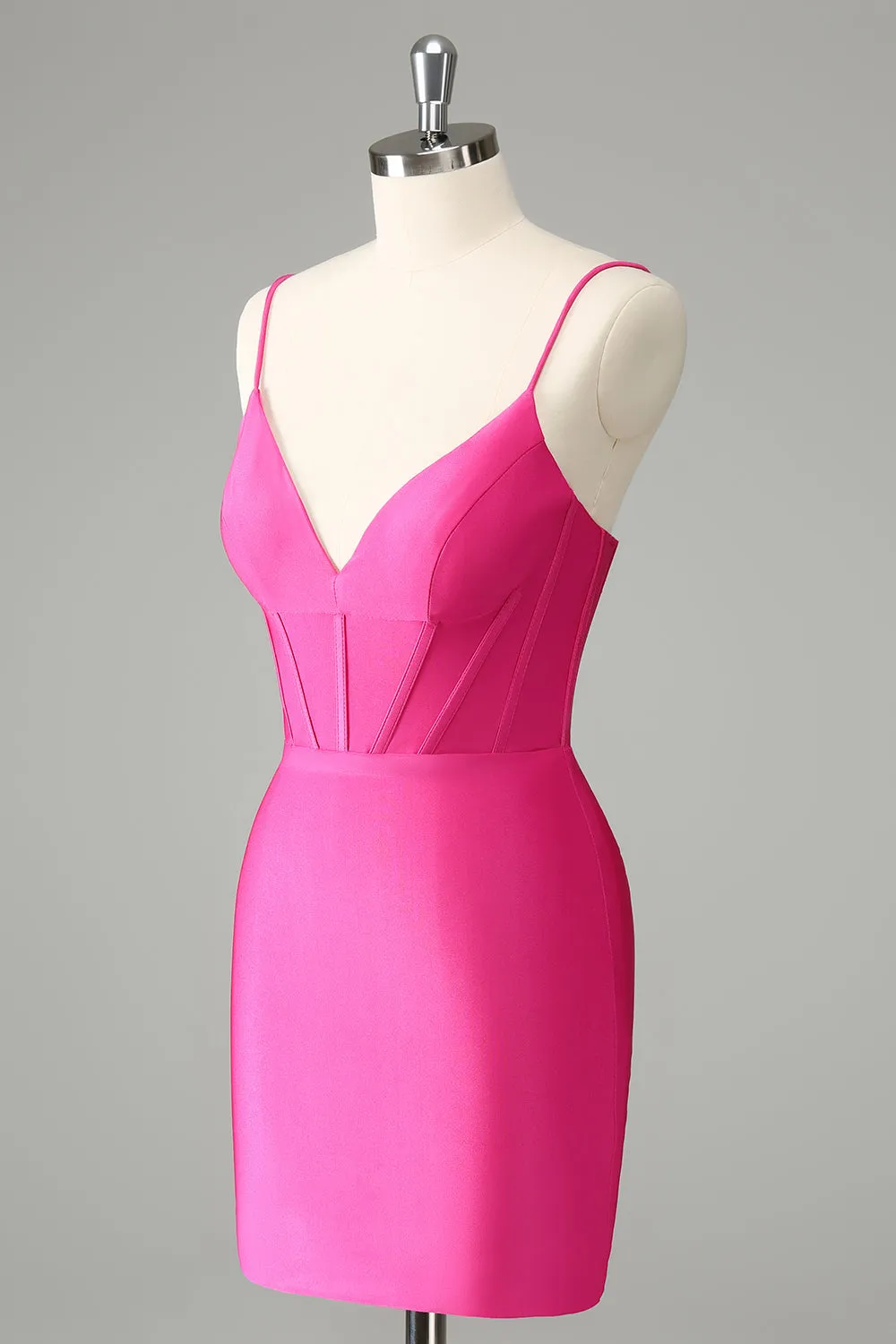 Fuchsia Bodycon Spaghetti Straps Satin Mini Dress