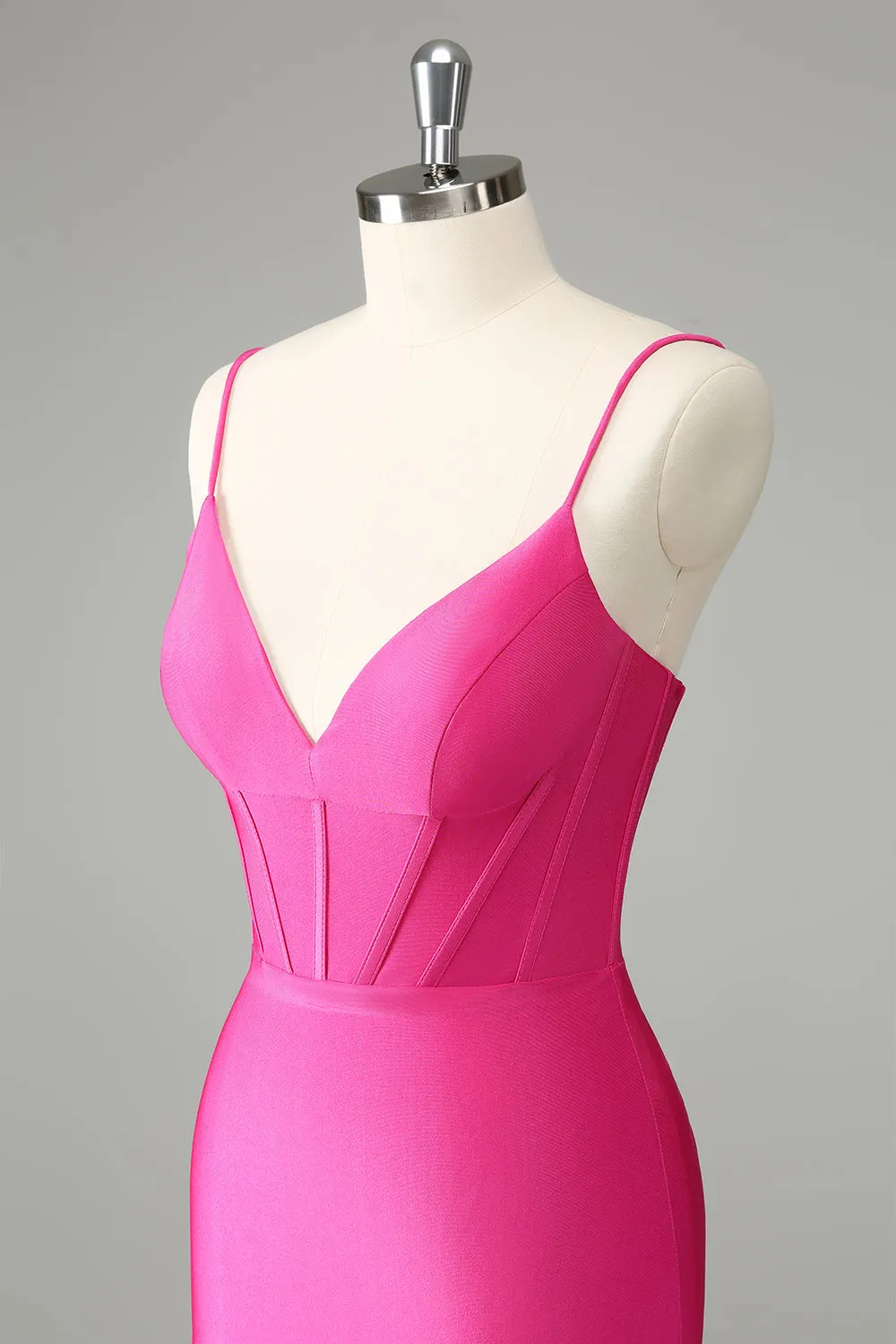 Fuchsia Bodycon Spaghetti Straps Satin Mini Dress