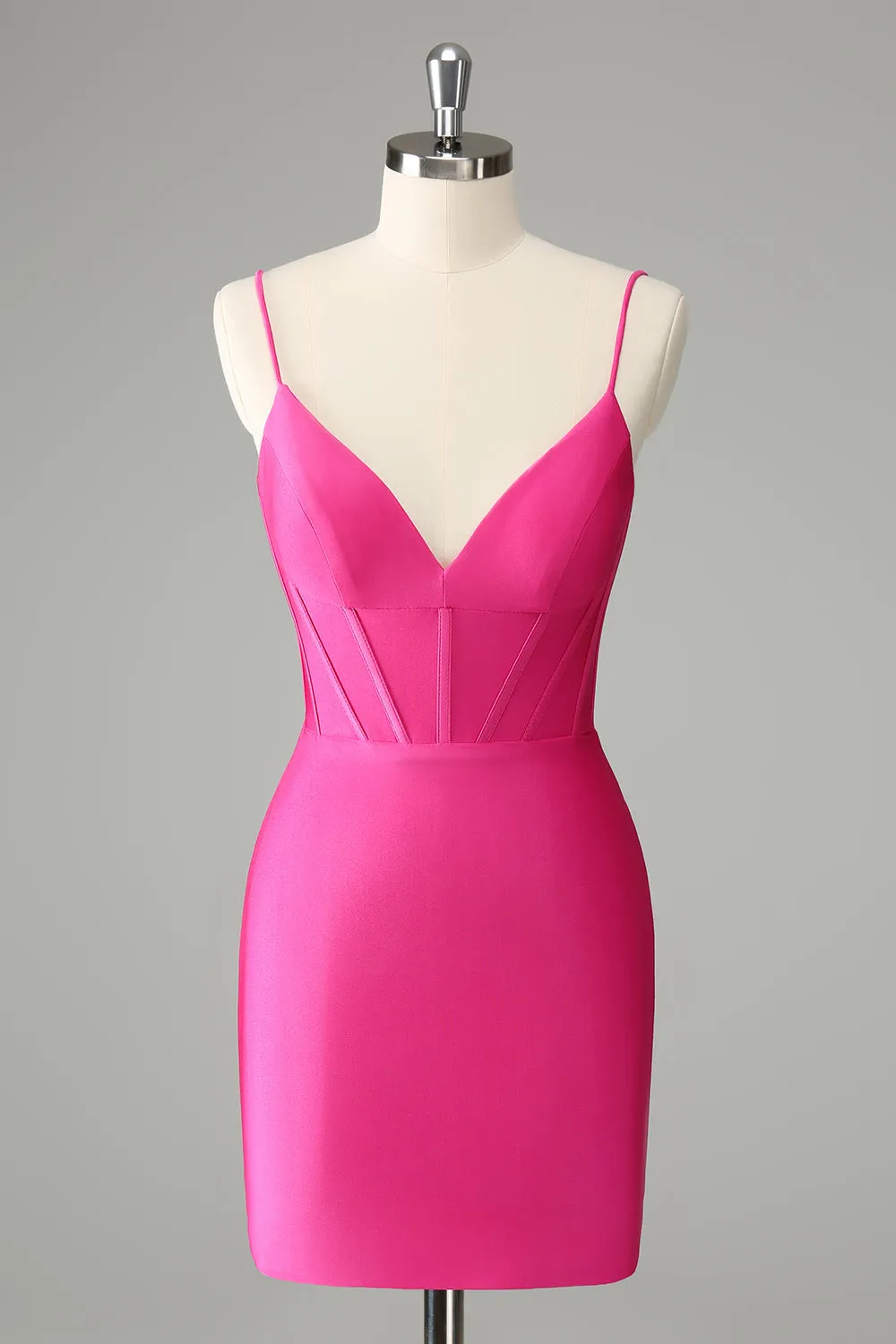 Fuchsia Bodycon Spaghetti Straps Satin Mini Dress