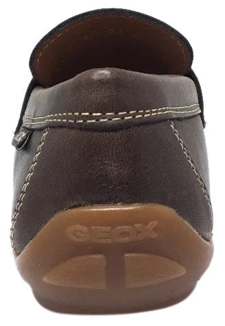 Geox Respira Boy's J Fast Coffee Smooth Leather Upper Detail Stitching Slip On Dress Moccasin Loafer Shoe